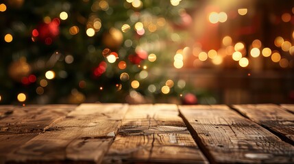 A rustic wooden table with a blurred background of golden Christmas lights.