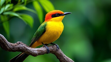 A vibrant bird perched on a branch, showcasing bright colors and intricate details against a lush green background.