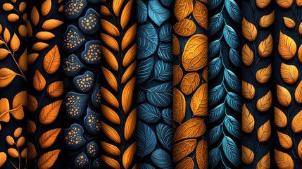 A vibrant collection of textured leaves in blue and orange hues, perfect for artistic and decorative purposes.