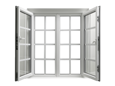 Open white window frame isolated on white background.