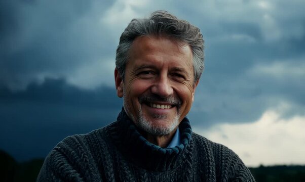 Medium shot portrait video of a pleased man in his 50s wearing a cozy sweater against a dramatic stormy sky background
