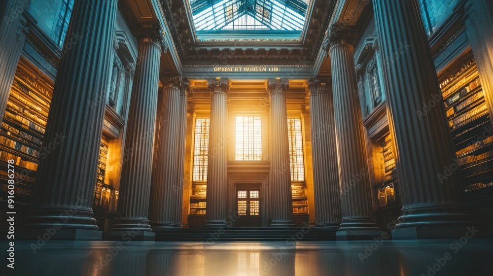 Poster sunlight streaming through columns in a grand hall