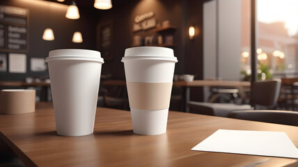 a blank white paper cup set on a café table with soft lighting and modern coffee shop décor 