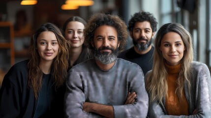 Obraz premium Portrait of diverse creative team looking at camera with cheerful smiles while posing in office, wheelchair user inclusion. Diversity. Ultra realistic. Photorealistic