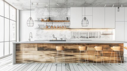 Modern kitchen island with bar stools and rustic wooden accents.