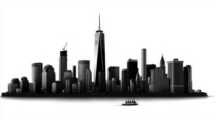 Naklejka premium Silhouette of a modern city skyline featuring skyscrapers, with a boat in the foreground against a white background.