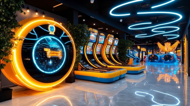 Vibrant arcade scene with neon lights, showcasing modern gaming machines and a lively atmosphere for entertainment enthusiasts.