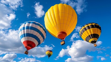 Obraz premium Vibrant hot air balloons soaring in a clear blue sky, creating a picturesque scene of adventure and freedom.