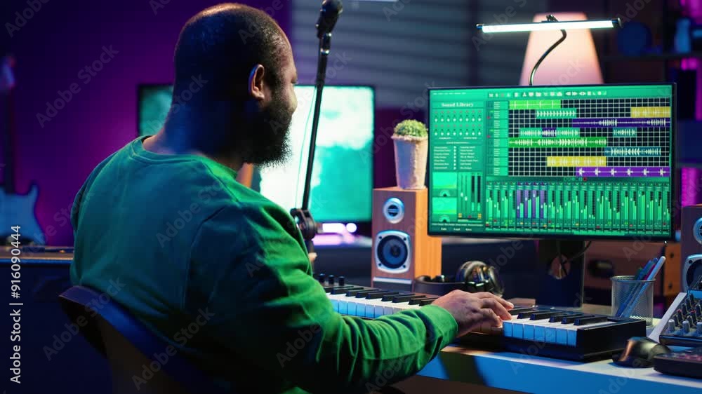 Poster creative songwriter recording new tracks with microphone and midi controller, playing piano notes in