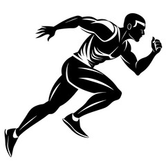 Black Vector Logo of Male Runner - Minimalist Silhouette with Sharp Edges, Art Deco Style, Dynamic Action Pose for Sports Equipment Packaging