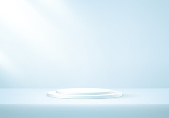 Empty pastel blue studio room background. Blue and white background vector 3d with podium. Empty room with shadow leaves. Space for selling products on the website. Vector illustration.