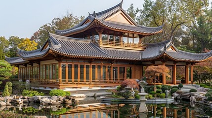 Naklejka premium Explore the cultural symbolism of architectural elements in an Asian-inspired house exterior.