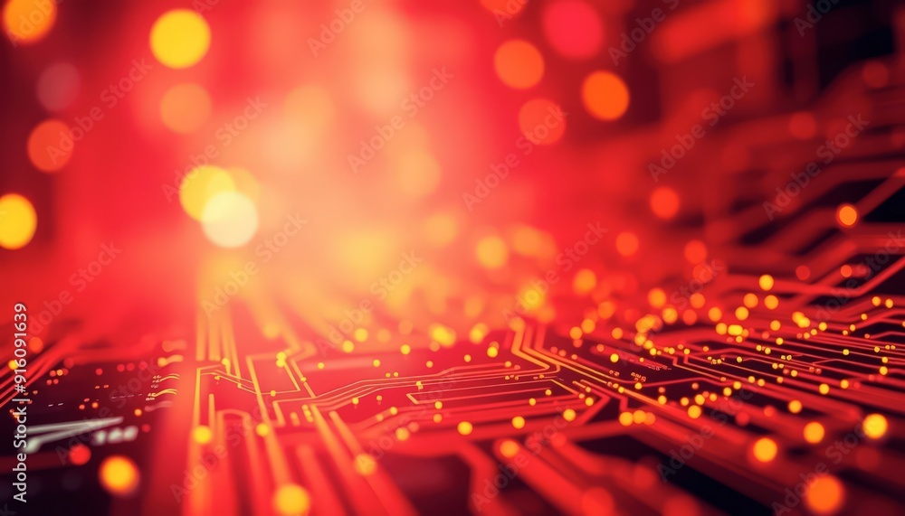 Poster red circuit board with bokeh lights.