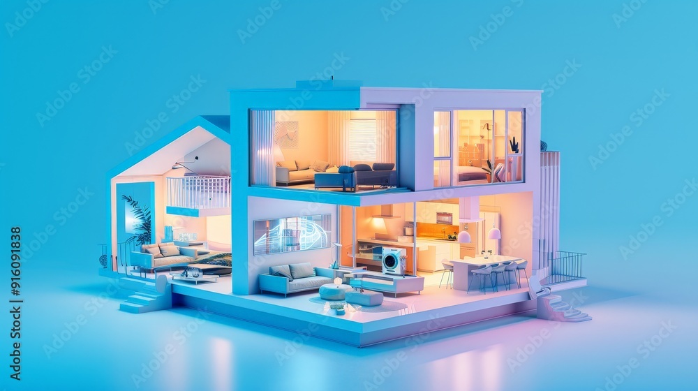 Poster explore the futuristic elements of a 3d house designed for smart living. write about iot integration