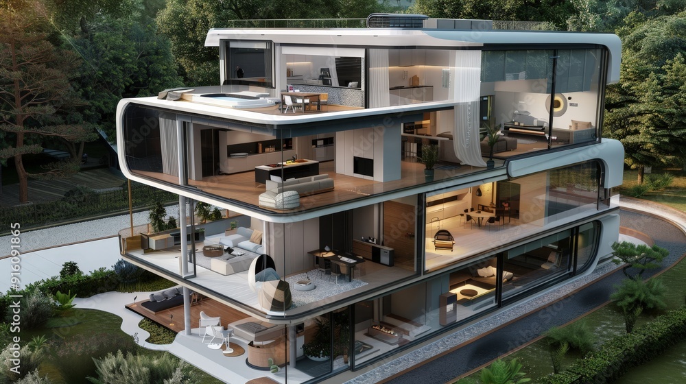 Poster explore the futuristic elements of a 3d house designed for smart living. write about iot integration