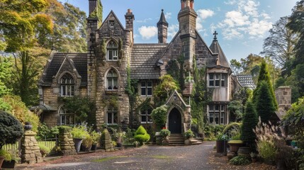 Fototapeta premium Explore the neo-Gothic elements of a castle-inspired house in the UK.