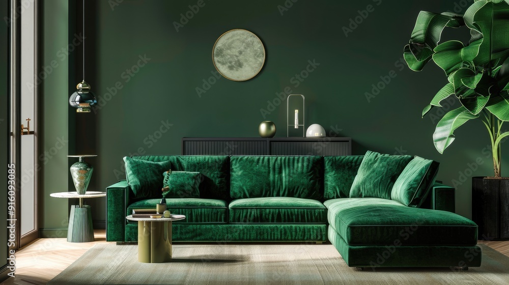 Canvas Prints Elegant lounge wall display with green sofa and decor against dark green backdrop