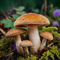Fototapeta premium Fantastic wonderland forest landscape with mushrooms and flowers background. A vibrant red mushroom with white spots, magical aura, growing in a lush green mossy forest, Ai generative