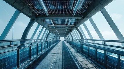 Modern pedestrian bridge with geometric design and skylight panels