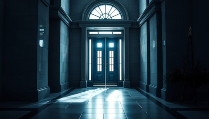 Dark Hallway with Light Streaming in Through an Open Door.