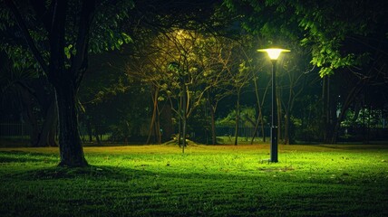Obraz premium Night park scene with lamppost lighting green grass and trees