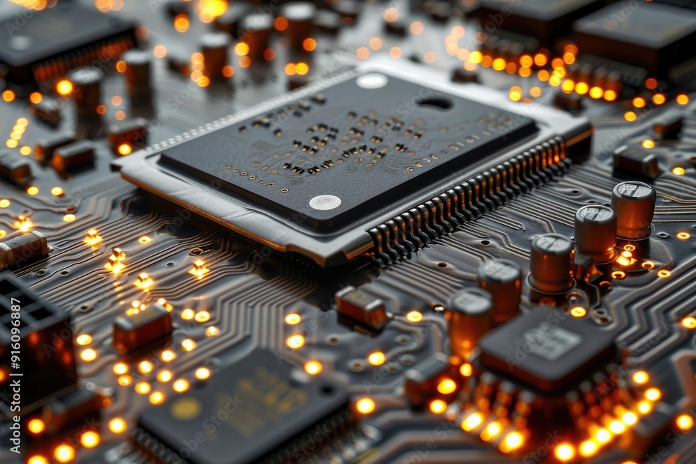 Poster a close-up of a microchip on a circuit board with glowing leds