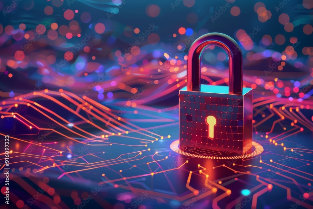 Poster a padlock with glowing neon lights circuitry with cyber security concept.