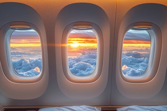 Airplane windows overlooking a sunset over clouds - Powered by Adobe