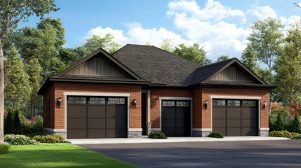 A brick house with a three-car garage and a lush green lawn.