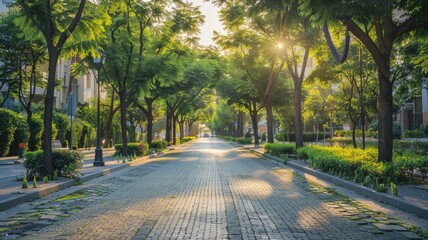 Obraz premium Peaceful tree-lined street with sunlit cobblestone path