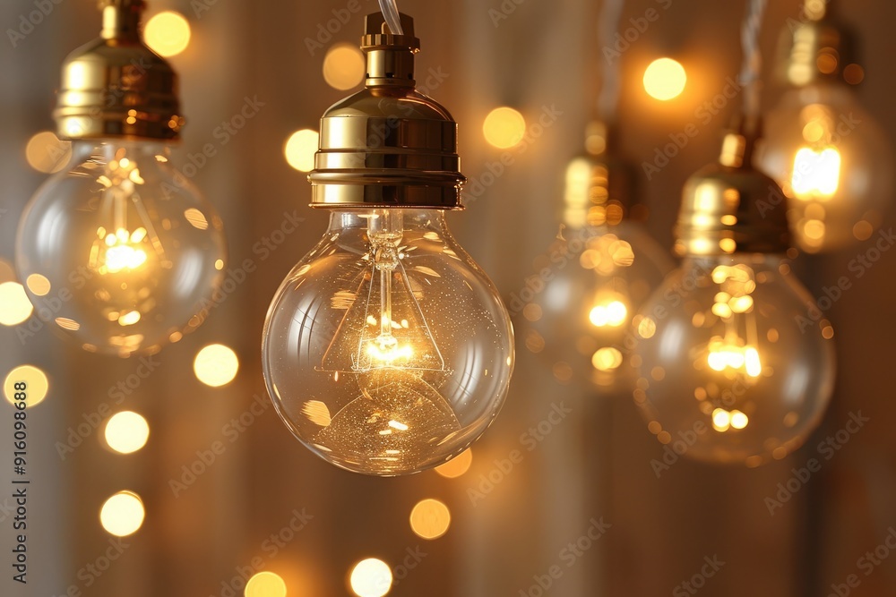 Poster a string of golden light bulbs with a bokeh background