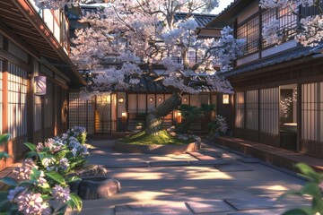Fototapeta premium Traditional japanese front yard with a garden in front, featuring blooming sakura tree