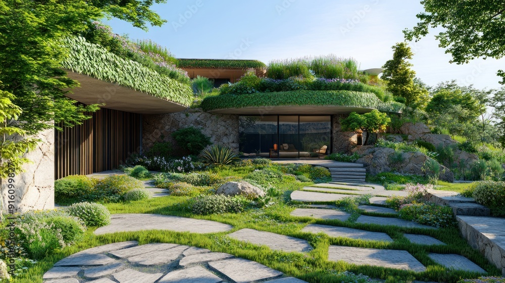 Poster A stone pathway leading to a modern home with a green roof and a view of the mountains.