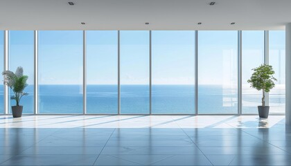 Fototapeta premium An empty office with full glass window facing to the open wide blue ocean