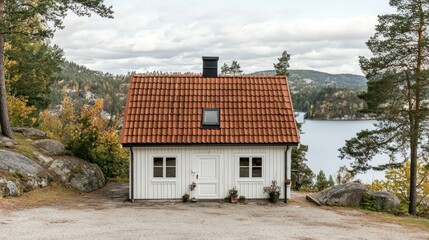 Naklejka premium A small white cottage with a red tile roof sits on a cliff overlooking a lake. The house has two windows, a door, and a dormer window. There are trees and rocks in the foreground and background.