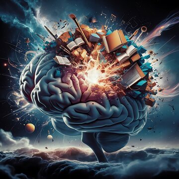 An imaginative concept art piece of a human brain bursting with creativity and knowledge. The brain is shown mid-explosion, with fragments transforming into various symbols