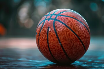 Close-up of a basketball with textured leather and black lines