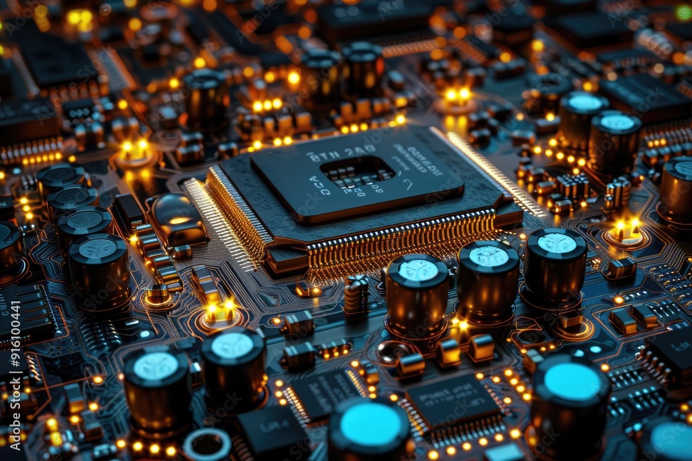 Poster close-up of a computer motherboard with glowing components