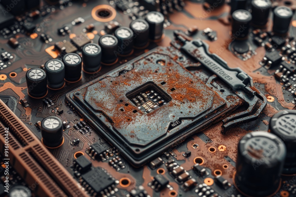 Poster close-up of a corroded motherboard with a cpu socket
