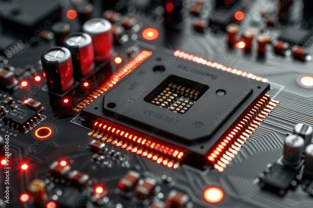 Poster close-up of a microchip on a circuit board with red lights