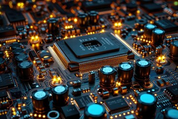 Close-up of a Computer Motherboard with Glowing Components