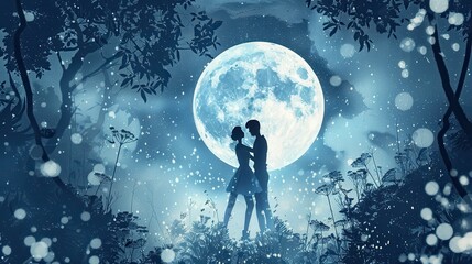 Obraz premium A couple stands close, enjoying a romantic moment illuminated by a bright full moon