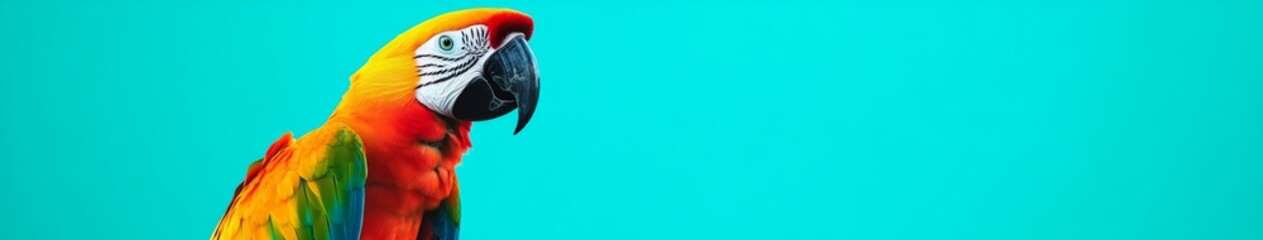 Fototapeta premium Vibrant Macaw Portrait on a Solid Turquoise Background: Highlighting the Colorful Plumage and Striking Features of the Exotic Bird