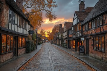 Cobblestone Street Lined with Historic Buildings at Sunset