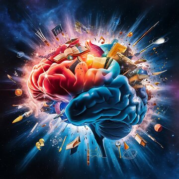 An imaginative concept art piece of a human brain bursting with creativity and knowledge. The brain is shown mid-explosion, with fragments transforming into various symbols