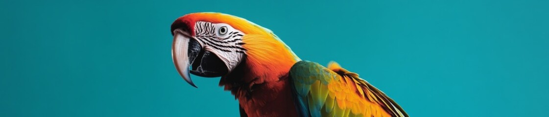 Fototapeta premium Vibrant Macaw Portrait on a Solid Turquoise Background: Highlighting the Colorful Plumage and Striking Features of the Exotic Bird