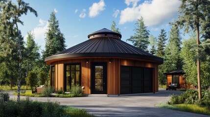 Modern circular house with black roof and wooden siding, surrounded by trees and a driveway.