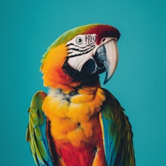 Fototapeta premium Vibrant Macaw Portrait on a Solid Turquoise Background: Highlighting the Colorful Plumage and Striking Features of the Exotic Bird