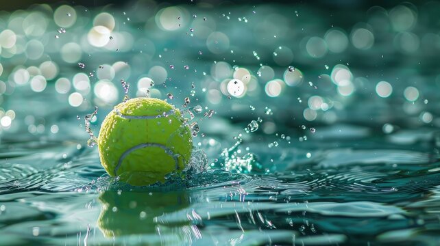 Yellow tennis ball splashing in water with bokeh background, showing joy and playfulness
