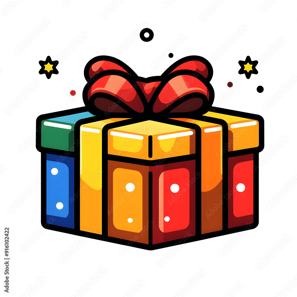 Poster A colorful box with a red ribbon on top
